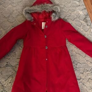 Kids Red Hooded Coat with Faux Fur Trim